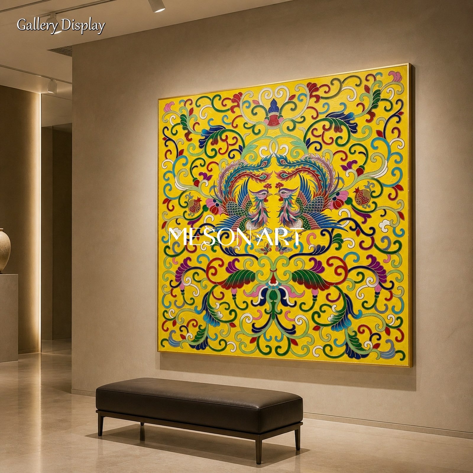 Yellow And Gold Persian Decorative Art Ottoman Inspired Arabesque Islamic Wall Square Painting By Mesonart