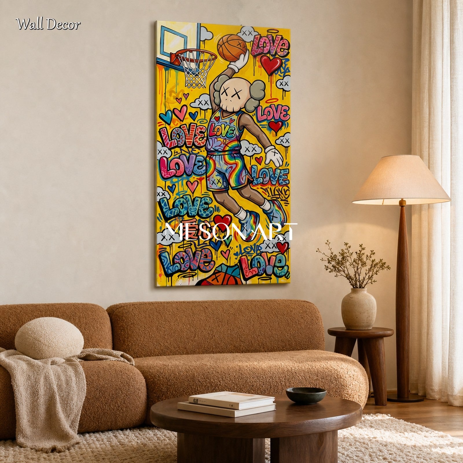 Vibrant Graffiti Basketball Art With Love Hearts For Modern Kids Room Decor