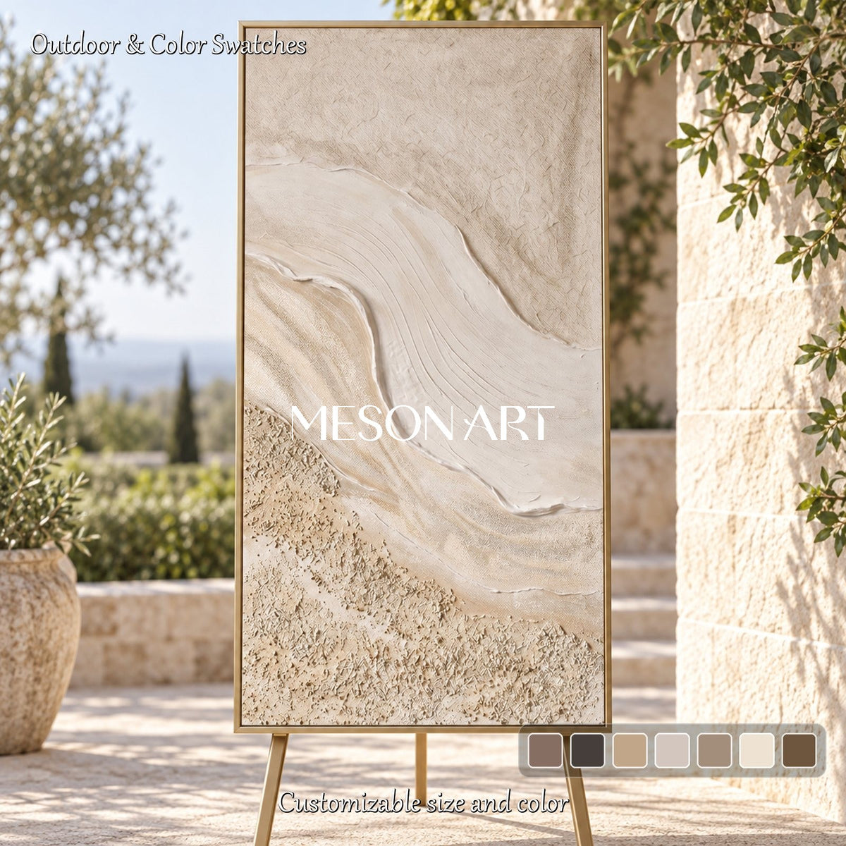 Beige And White Natural Beach Texture Painting Panoramic Wall Art For Living Room By Mesonart