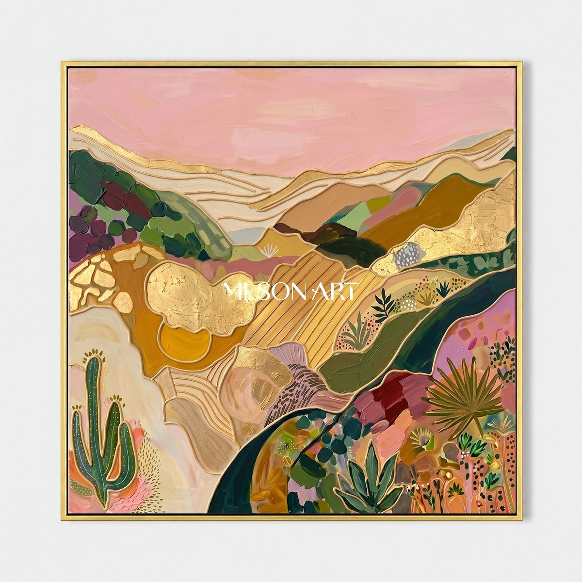 Pink And Gold Abstract Landscape Textured Painting Square Wall Art Modern Bohemian Original Artist By Mesonart