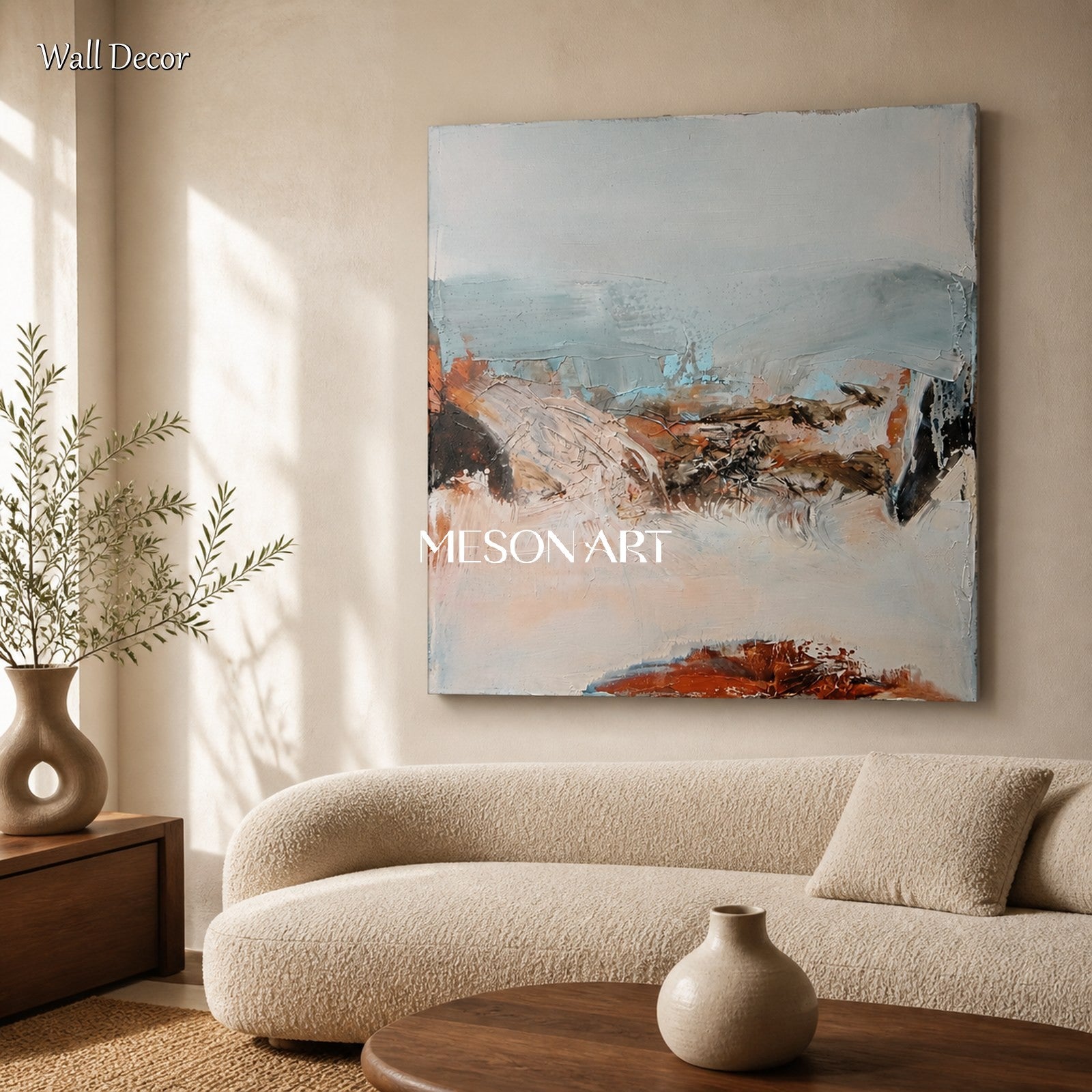 Blue And Beige Painting Modern Abstract Landscape Contemporary Art Square Wall Decor For Living Room By Mesonart