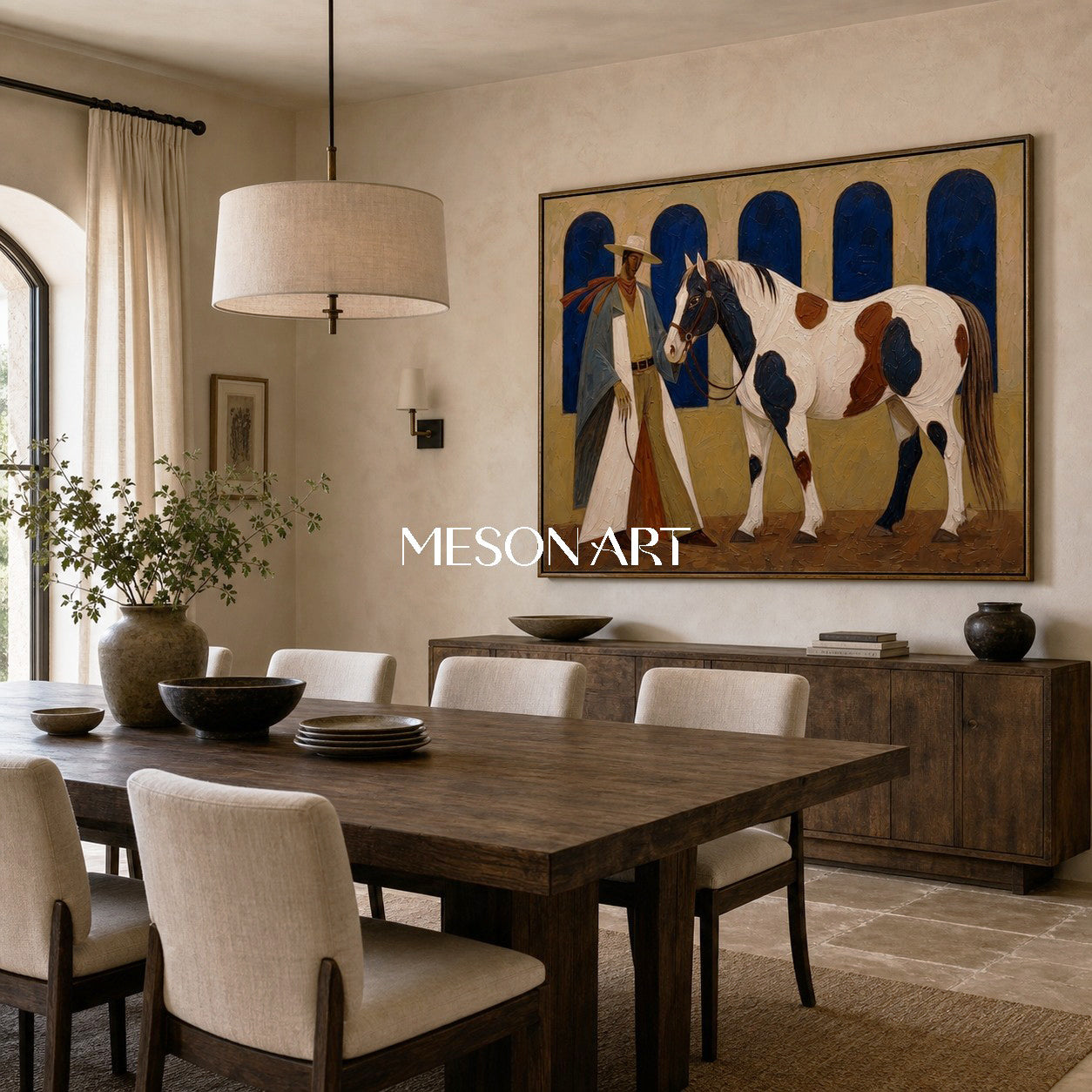 Cowboy And Horse Painting With Impasto Texture For Farmhouse Living Room Decor