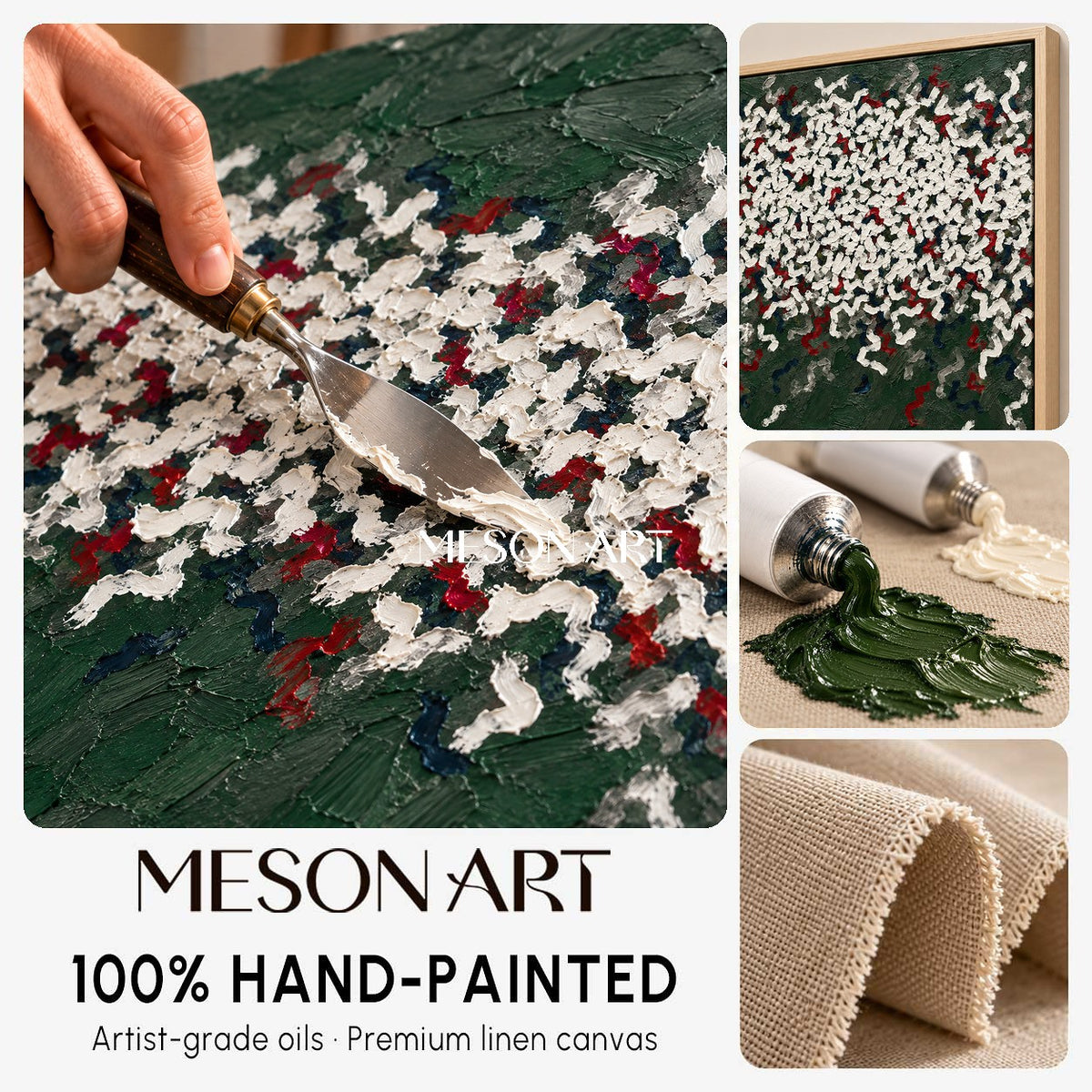 Green And White Abstract Art Wabi-Sabi Impasto Palette Knife Painting Rectangular Wall Decor For Living Room By Mesonart
