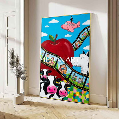 Surrealist Family Art With Cows And Apple For Kids Room Decor