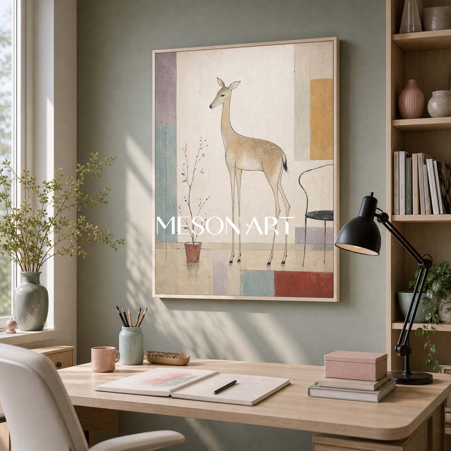 Minimalist Deer Painting With Geometric Shapes For Modern Living Room And Bedroom Decor