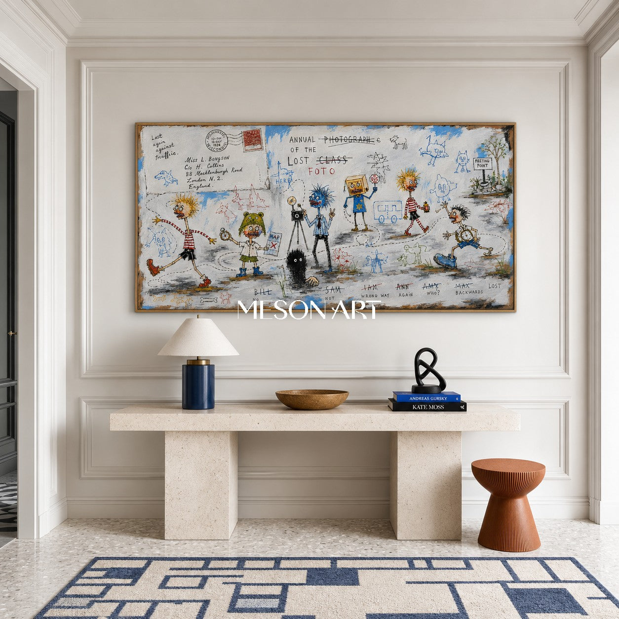 Blue And White Graffiti Narrative Figurative Cartoon Panoramic Wall Art For Living Room By Mesonart