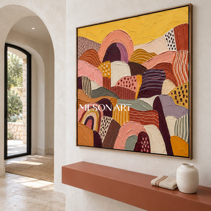 Gold And Pink Abstract Landscape Painting Original Hand Painted Square Wall Art For Living Room By Mesonart