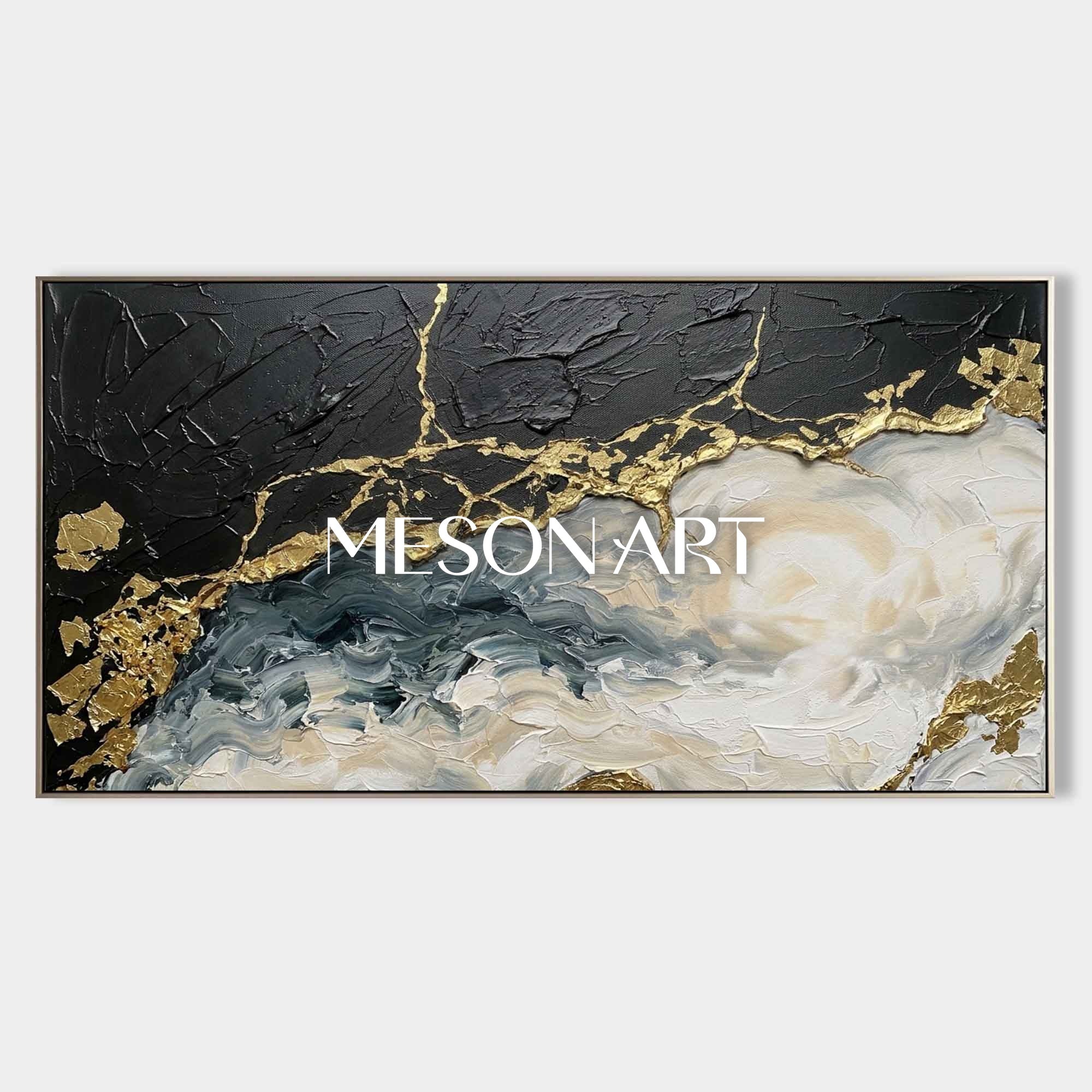 Large Black And Gold Abstract Painting With Plaster Texture For Modern Living Room Decor