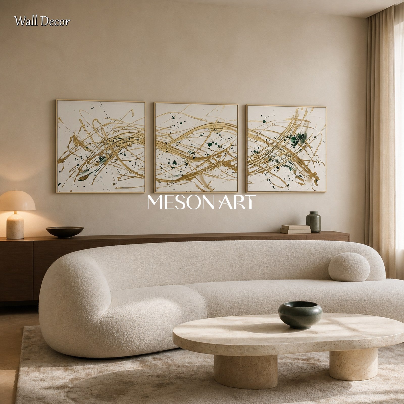 Beige And Gold Pollock Inspired Drip Painting Square Wall Art For Living Room By Mesonart