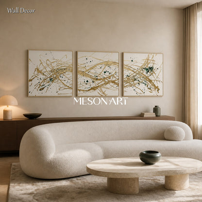Beige And Gold Pollock Inspired Drip Painting Square Wall Art For Living Room By Mesonart