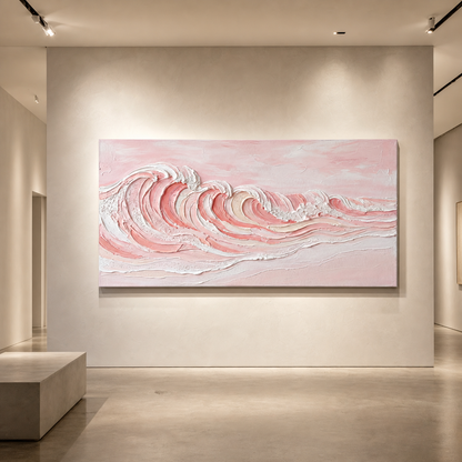 Large Pink Ocean Wave Painting Textured Abstract Art For Tranquil Living Room Decor