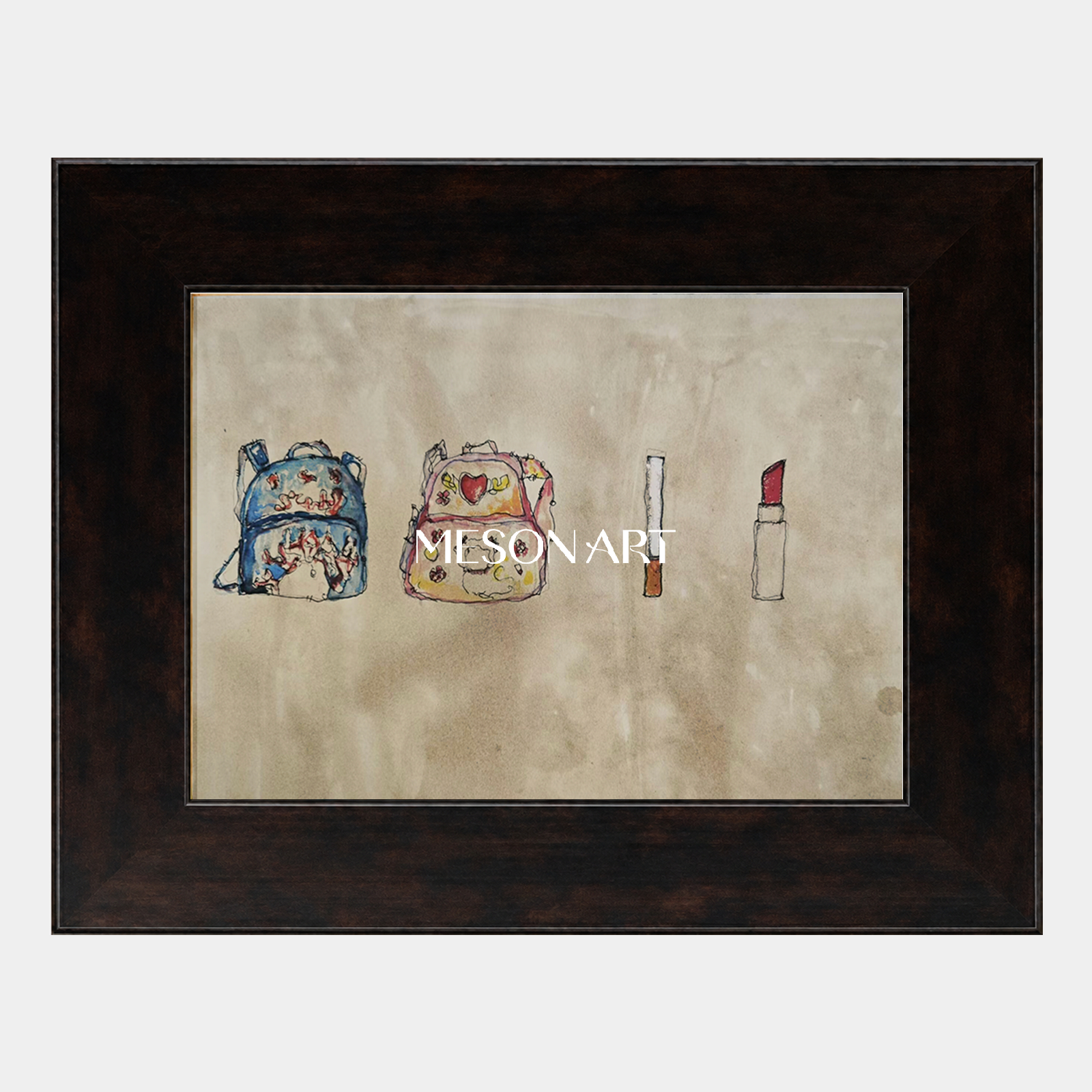 Abstract Still Life Painting With Backpacks And Lipstick In Beige Blue Tones For Modern Living Room Decor