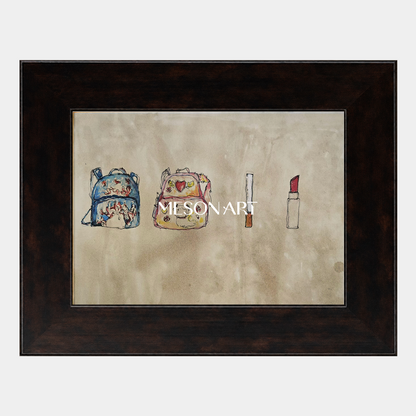 Abstract Still Life Painting With Backpacks And Lipstick In Beige Blue Tones For Modern Living Room Decor
