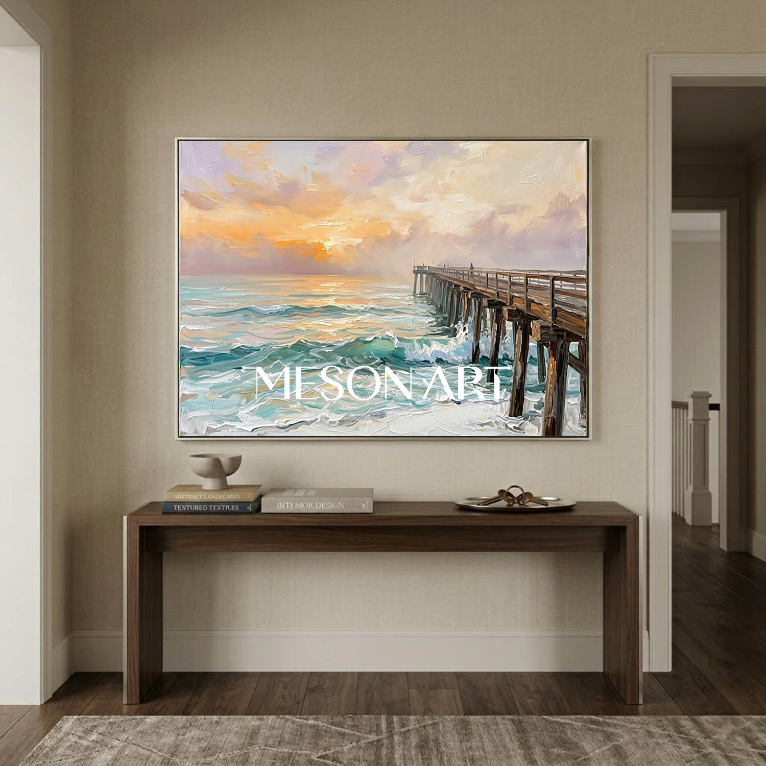 Luxury Golden Sunset Ocean Painting With Wooden Pier For Coastal Living Room Decor