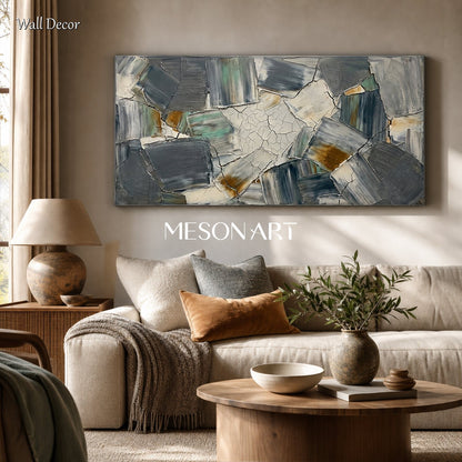 Green Wabi Sabi Wall Art Abstract Minimalist Painting With Cracked Texture For Living Room