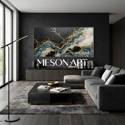 Large Black And Gold Abstract Painting With Plaster Texture For Modern Living Room Decor