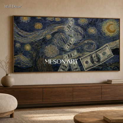 Blue And Gold Surrealist Art Van Gogh Style Panoramic Wall Decor For Living Room By Mesonart