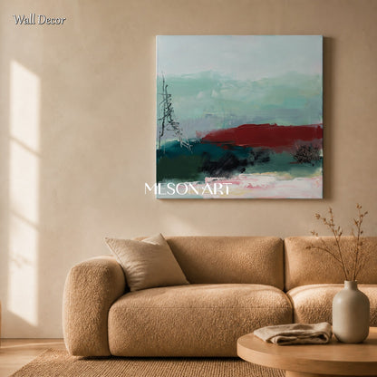 Green And Red Abstract Landscape Painting Modern Textured Square Wall Art For Living Room By Mesonart