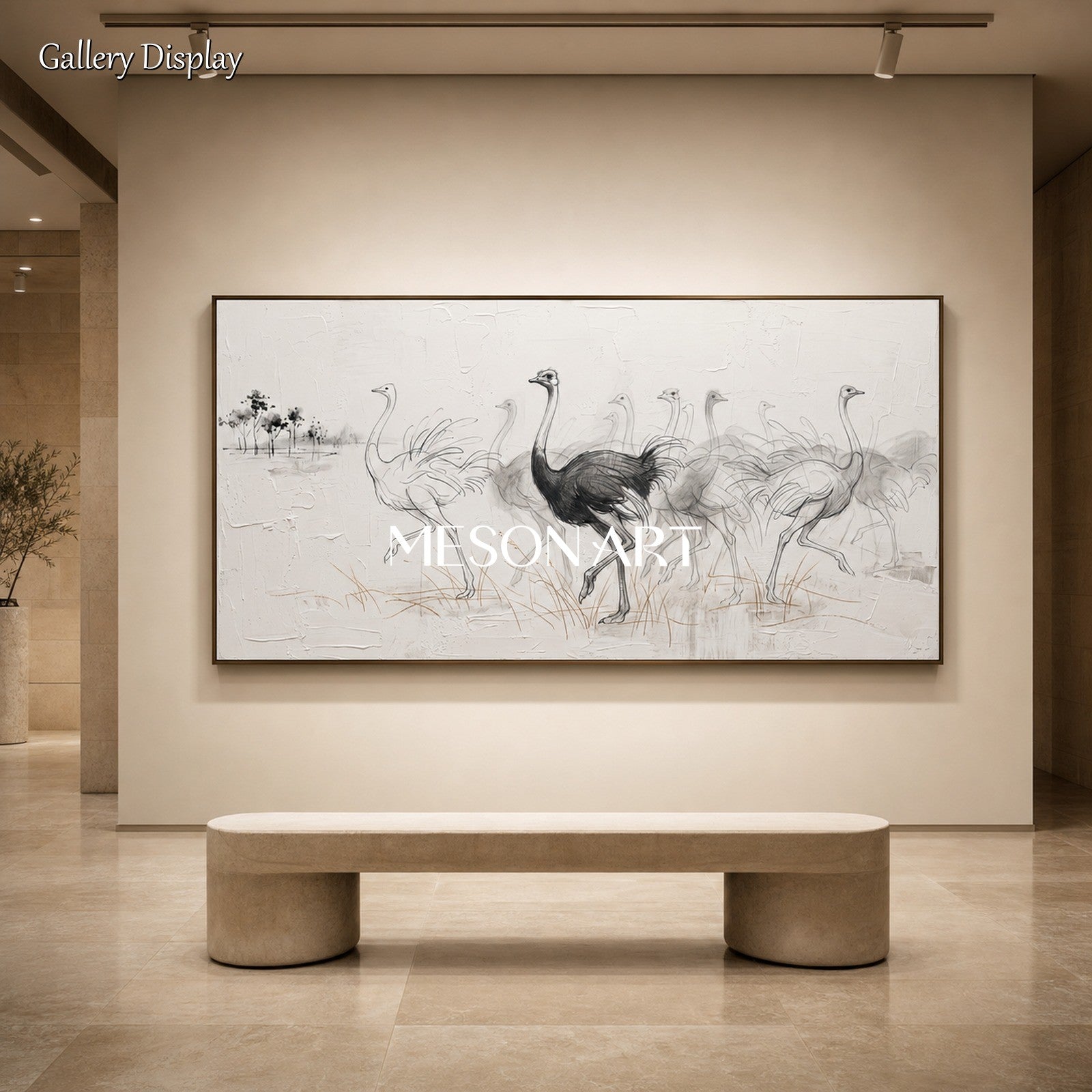 White And Black Ostrich Minimalist Painting Original Artist Panoramic Wall Art For Living Room By Mesonart