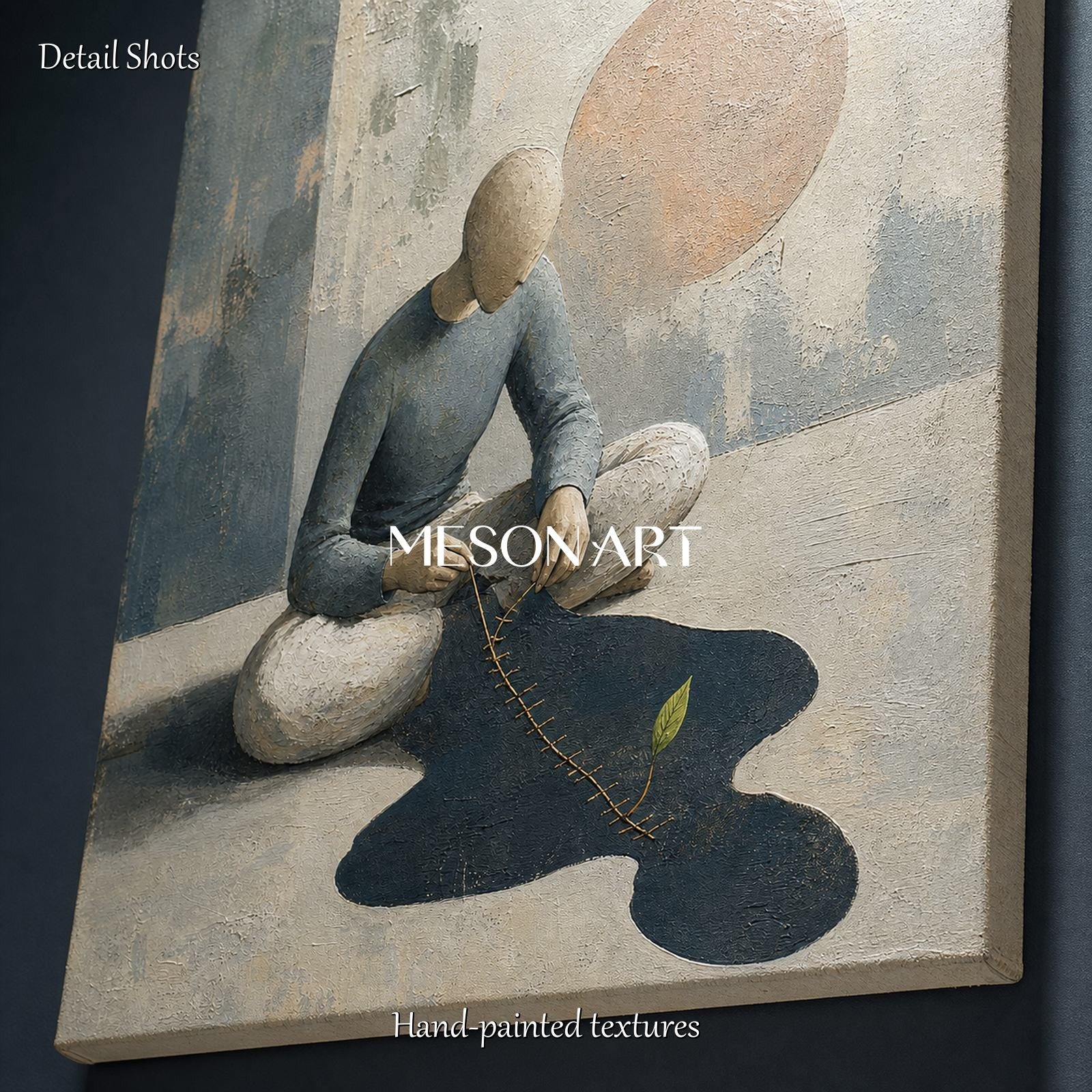 Surrealist Painting With Textured Relief And Golden Thread For Living Room Or Study Decor
