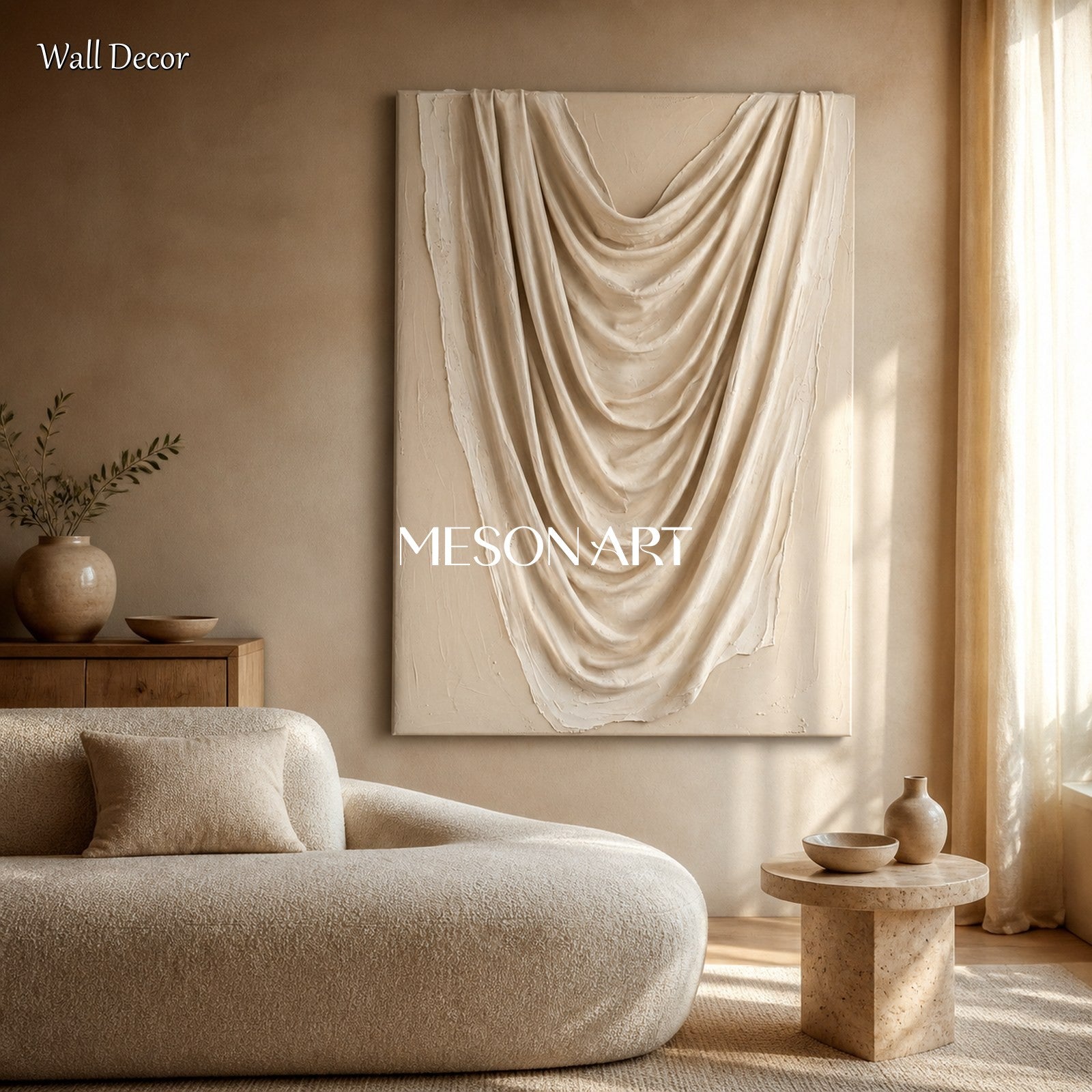 Beige And White Minimalist Art Rectangular Wall Decor With 3D Textured Relief By Mesonart