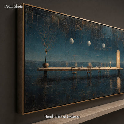 Surrealist Ocean Painting With Golden Door And Triple Moons For Modern Living Room Decor