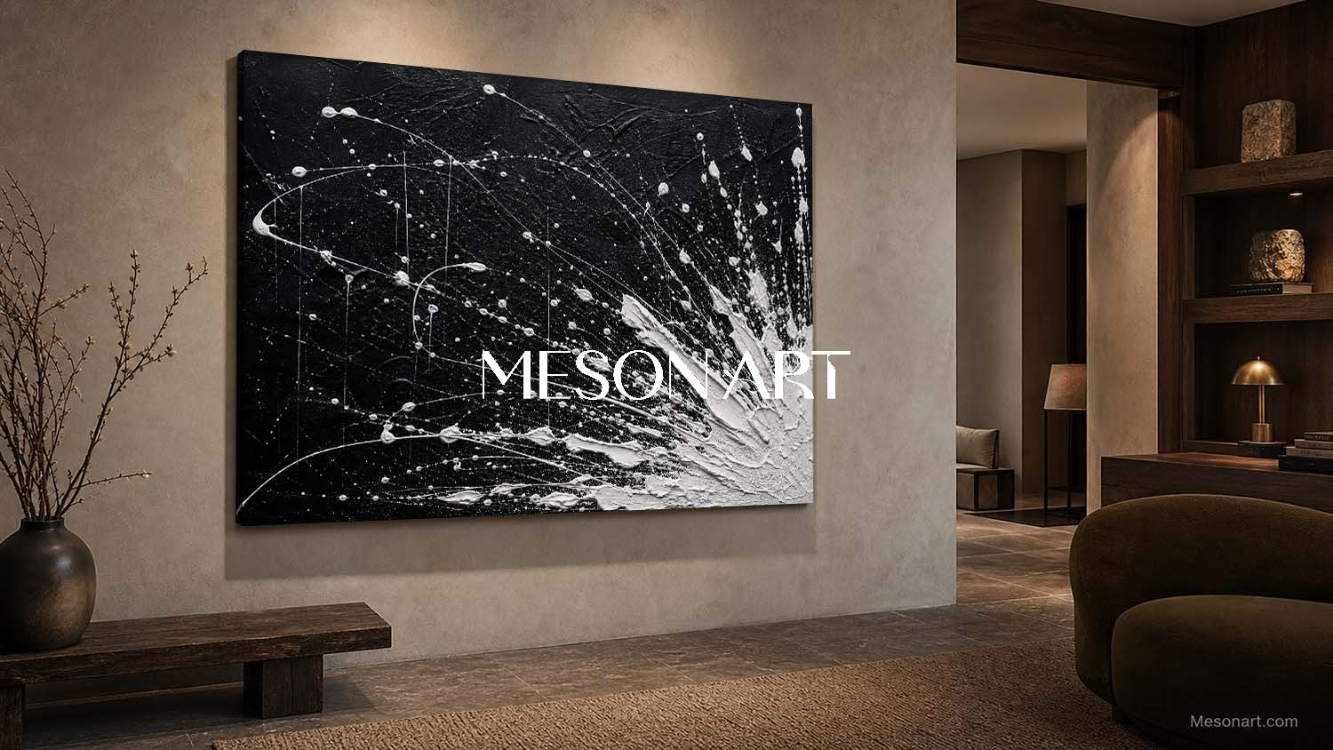 Original Black And White Abstract Painting With Thick Impasto Texture For Modern Living Room