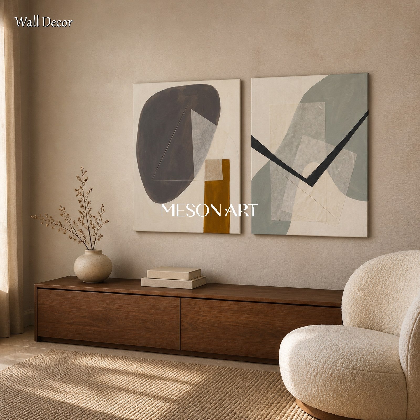 Beige And Gray Contemporary Figurative Painting Original Art Rectangular Wall Decor For Living Room By Mesonart