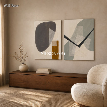 Beige And Gray Contemporary Figurative Painting Original Art Rectangular Wall Decor For Living Room By Mesonart