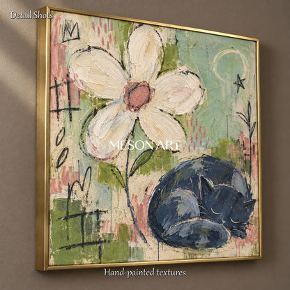 Green And Pink Pop Art Square Wall Decor Original Artist Hand Painted Modern Abstract Cat Flower Painting By Mesonart