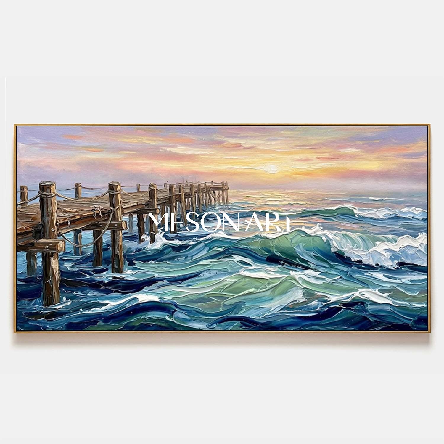 Luxury Ocean Sunset Painting With Impasto Waves And Wooden Pier For Living Room Decor