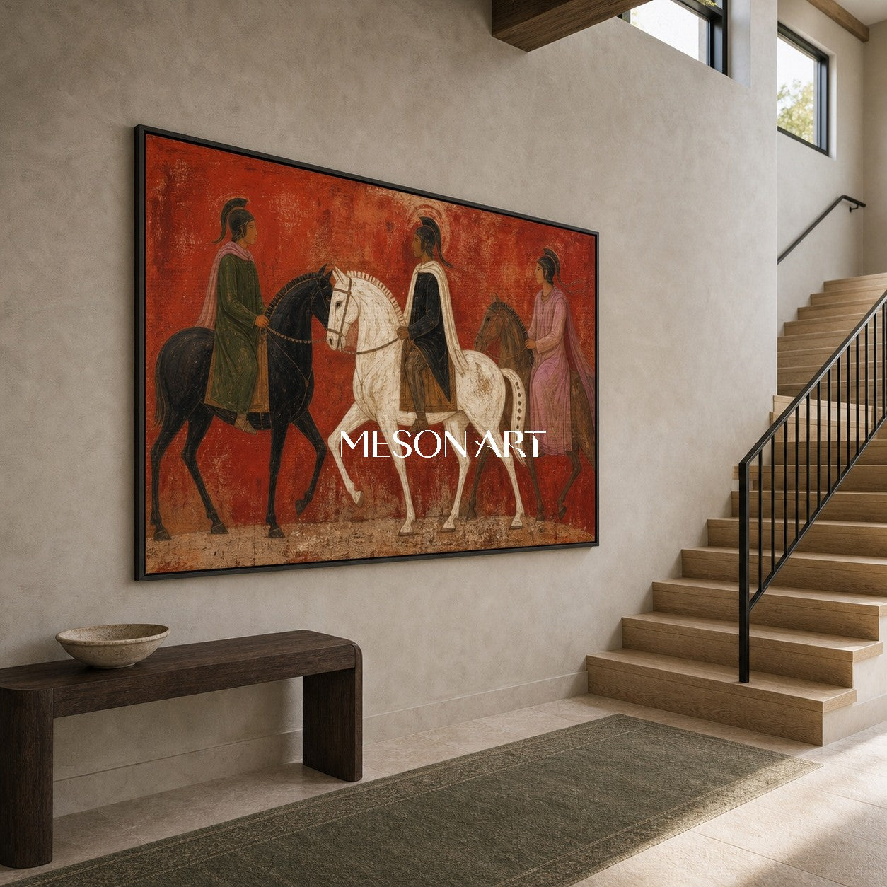 Ancient Equestrian Art With Red Background For Modern Living Room Decor