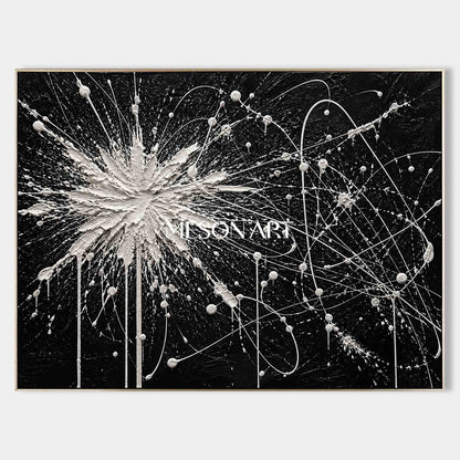 Black And White Pollock Style Abstract Painting With Textured Relief For Modern Wall Art