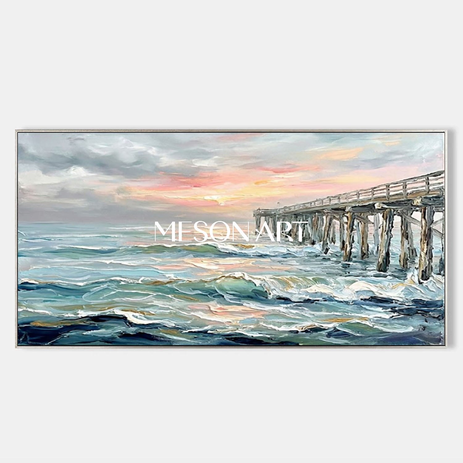 Luxury Impressionist Seascape Painting With Wooden Pier For Coastal Living Room Decor