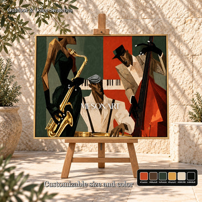 Gold And Black Pop Art Jazz Painting With Saxophone Geometric Modern Textured Rectangular Wall Art By Mesonart