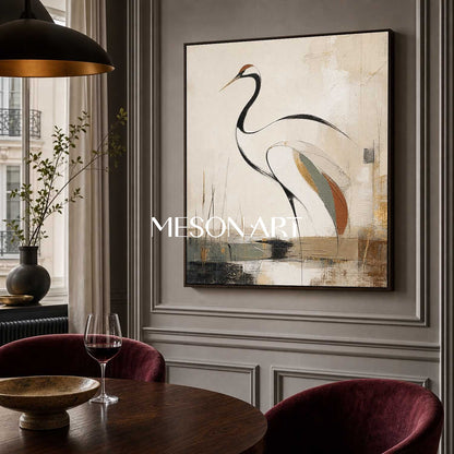 Minimalist Crane Painting Elegant Bird Art For Modern Home Decor