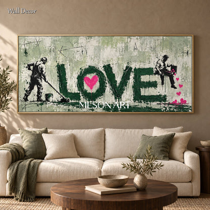 Green And Pink Abstract Graffiti Painting Hand Painted Neo Expressionist Panoramic Wall Art By Mesonart