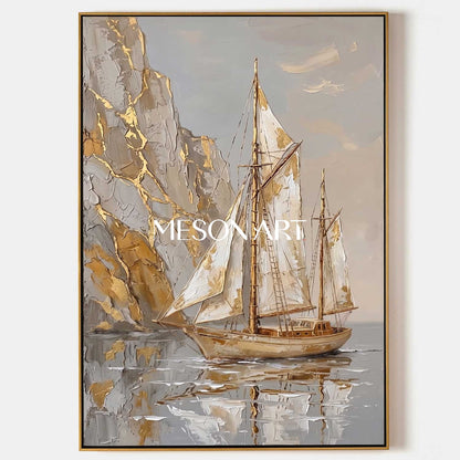 Luxury Gold Leaf Sailboat Painting With Textured Relief For Art Deco Living Room Decor
