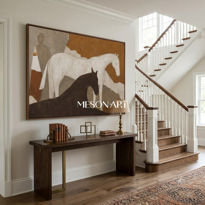 Wabi Sabi Textured Horse Painting With Earthy Tones For Modern Living Room Decor