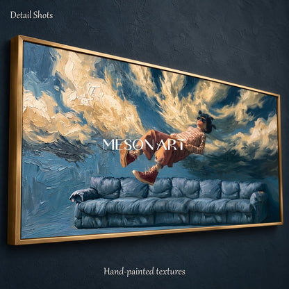 Blue And Brown Surrealist Painting Weightless Scene Panoramic Wall Art For Living Room By Mesonart
