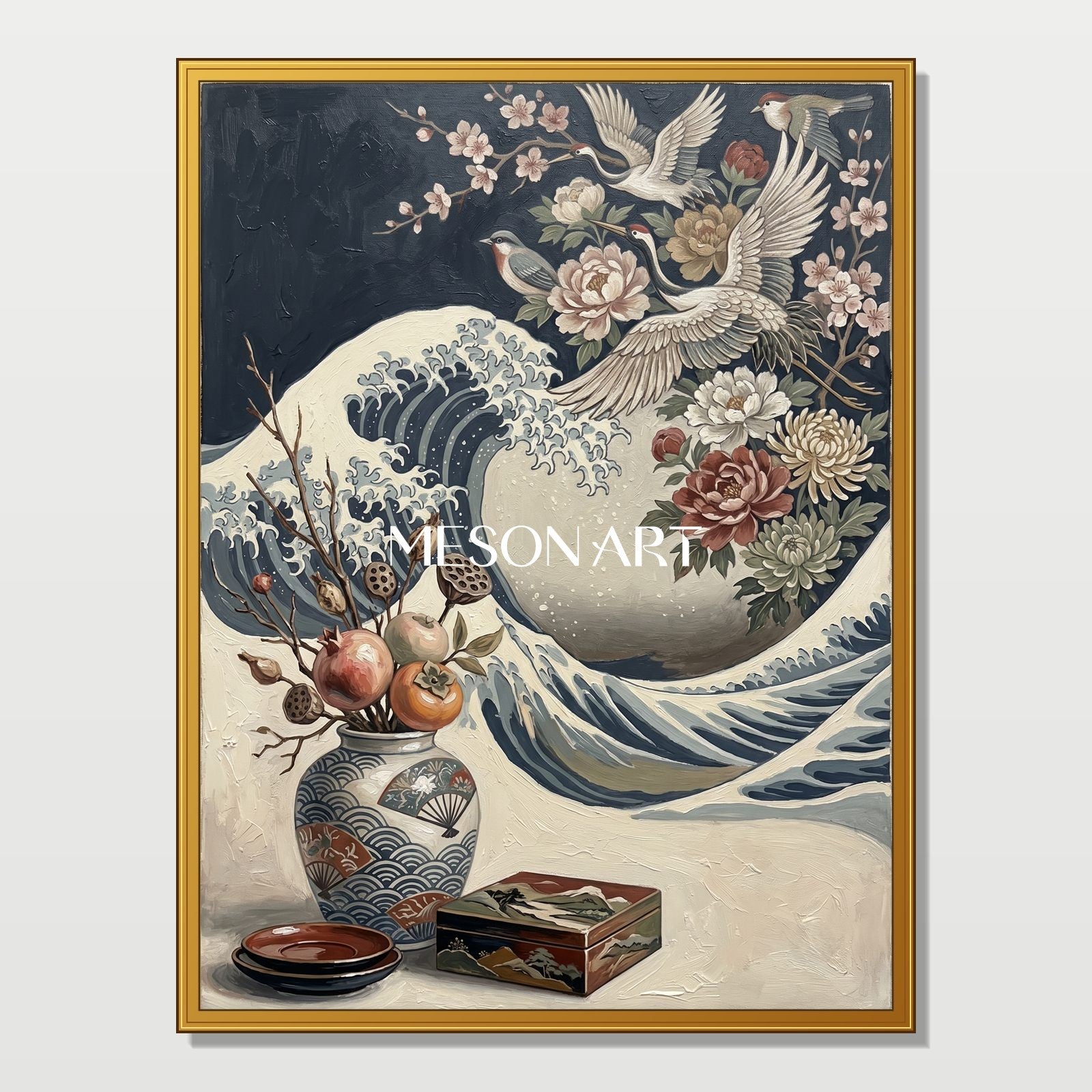 Japanese Ukiyo-e And Art Deco Floral Crane Painting For Modern Home Decor