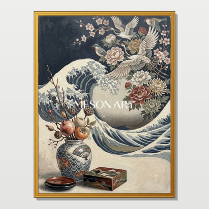 Japanese Ukiyo-e And Art Deco Floral Crane Painting For Modern Home Decor