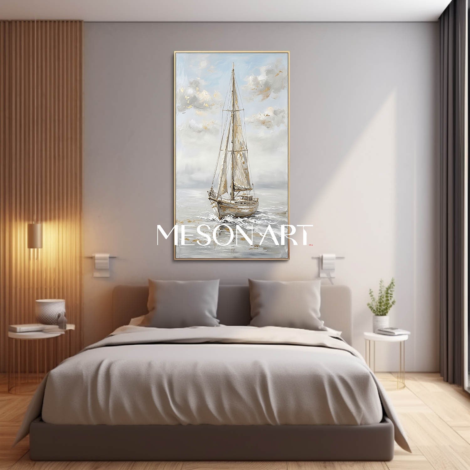 Minimalist Nautical Art Print Of Solitary Sailboat On Misty Sea For Modern Entryway Wall Decoration