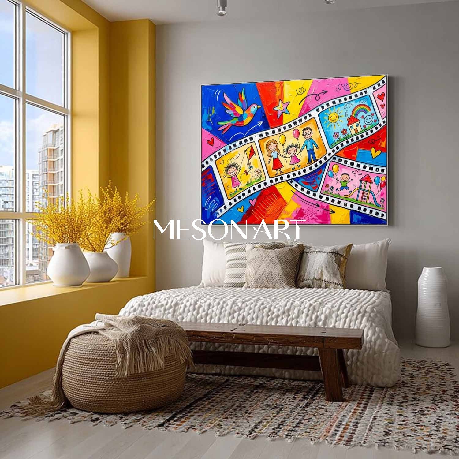 Vibrant Pop Art Painting For Kids Room With Happy Family Cartoon Characters And Colorful Film Strip Design