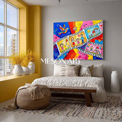 Vibrant Pop Art Painting For Kids Room With Happy Family Cartoon Characters And Colorful Film Strip Design