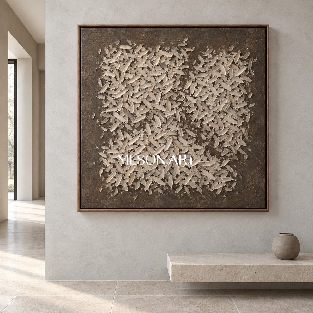 Beige And Brown Textured Abstract Art Square Wall Decor For Living Room By Mesonart