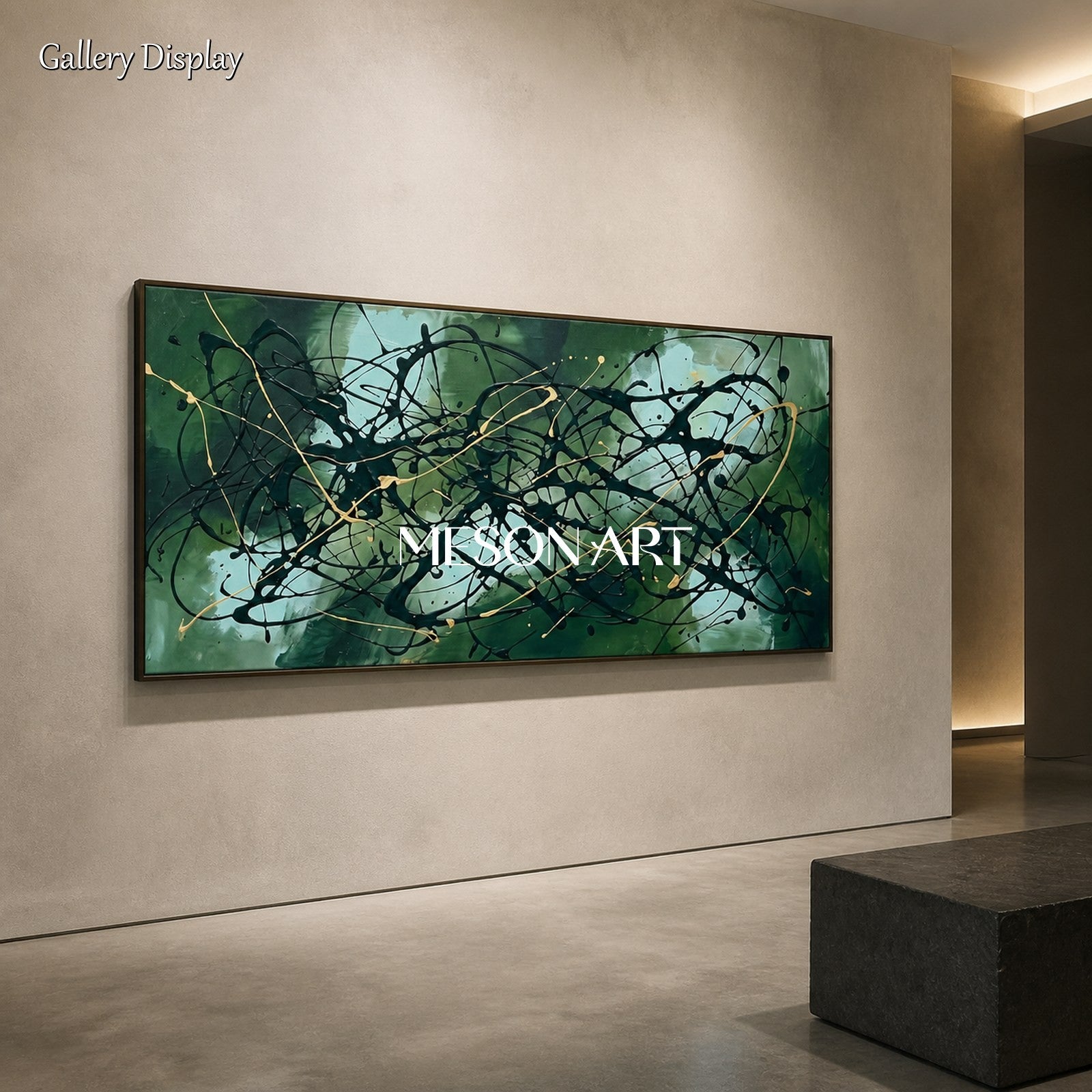 Green And Black Abstract Action Painting Inspired By Jackson Pollock Panoramic Wall Art For Living Room By Mesonart