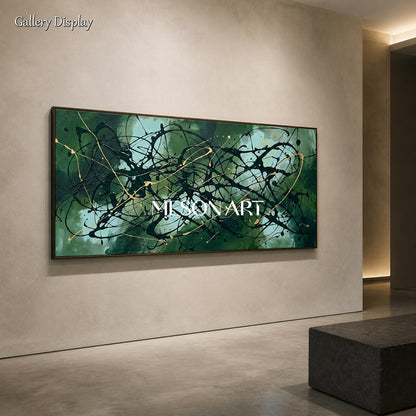 Green And Black Abstract Action Painting Inspired By Jackson Pollock Panoramic Wall Art For Living Room By Mesonart