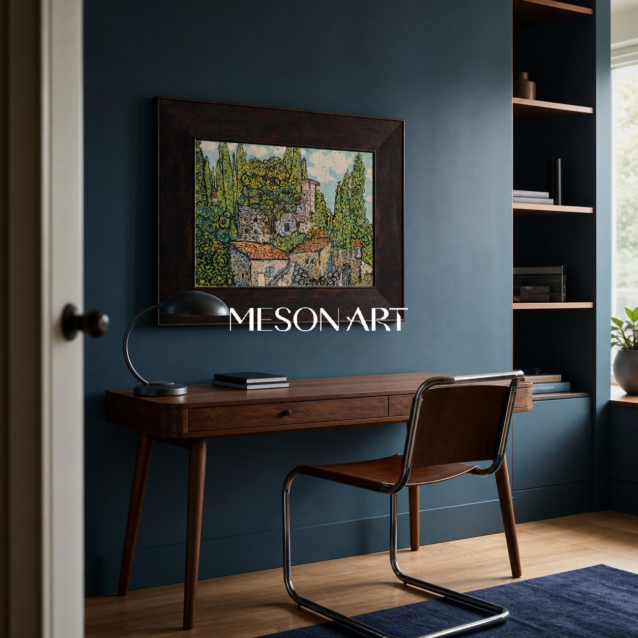 Dipinto a olio astratto di paesaggio con tonalità di verde e blu per l'arredamento moderno della casa
