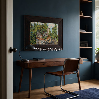 Dipinto a olio astratto di paesaggio con tonalità di verde e blu per l'arredamento moderno della casa
